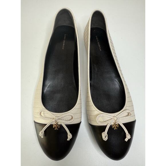 Tory Burch Cap Toe Ballet Flat Womens 10M Cream Quilted Leather Slip On Loafer - Picture 2 of 11